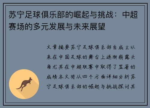 苏宁足球俱乐部的崛起与挑战：中超赛场的多元发展与未来展望